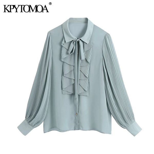 

kpytomoa women fashion with buttons ruffled blouses vintage pleated long sleeve office wear female shirts blusas chic 210401, White