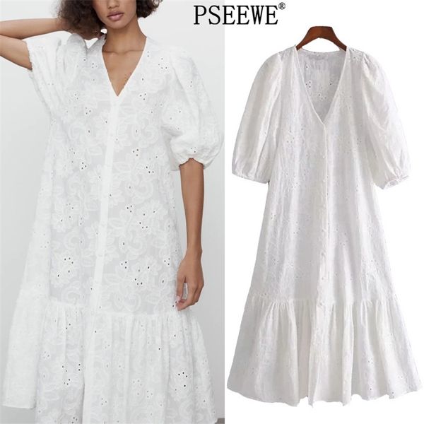 

cutwork embroidery white long dress women summer ruffle short puff sleeve woman cottagecore casual es 210519, Black;gray