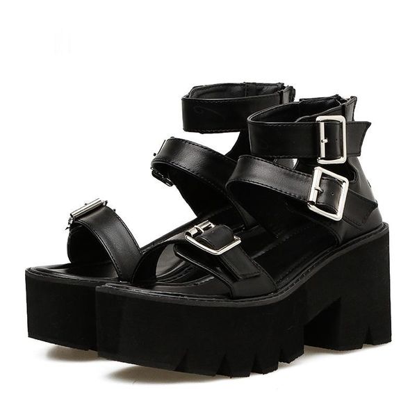 

ankle strap summer fashion women sandals open toe platform shoes high thick heels female black unique party 35-42
