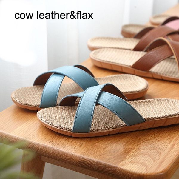 

slippers genuine leather womens sandals large size slides flax house slide for ladies cross tied slipper z43, Black