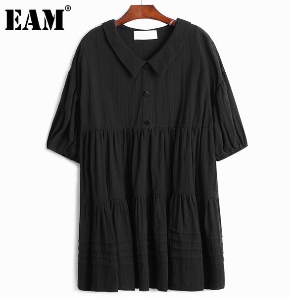 

[eam] women buttons spliced pleated dress peter pan neck puff half sleeve loose fit fashion spring summer 1dd8210 210512, Black;gray