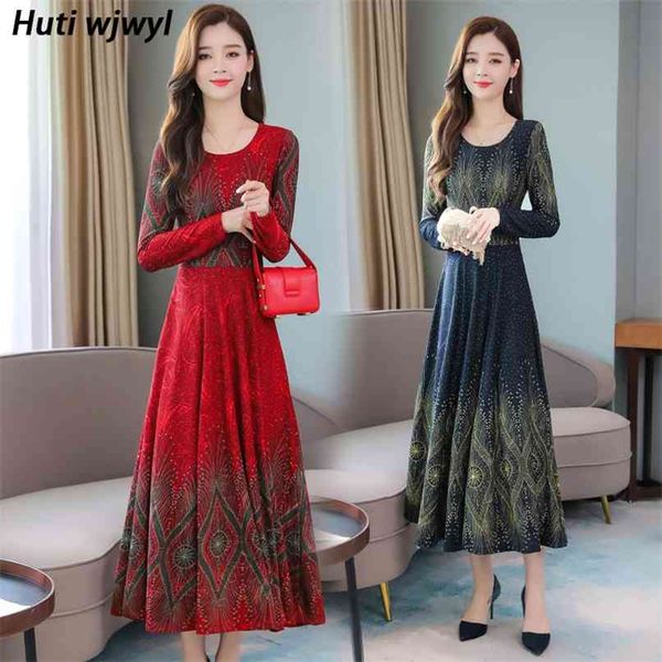 

3xl plus size print casual long dress spring autumn elegant women bodycon knit cotton party vintage red maxi vestidos 210528, Black;gray
