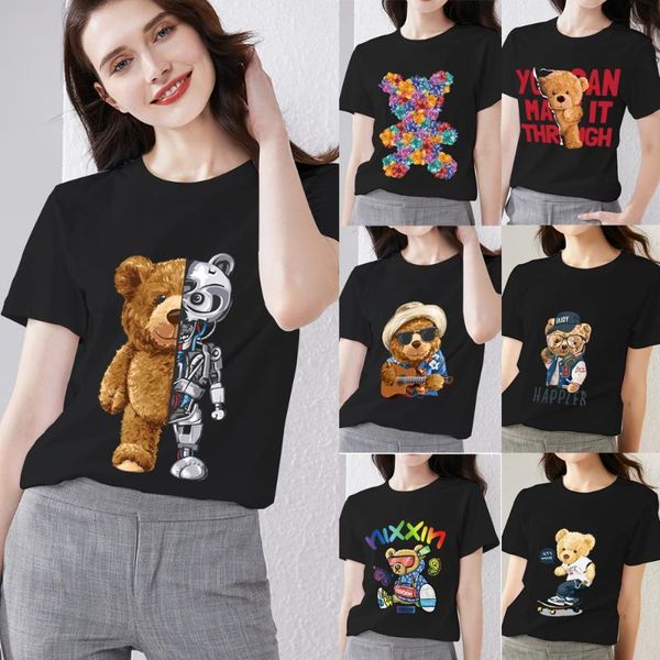 

women's t-shirt summer fashion cartoon teddy bear 3d printing series personality trend all-match o-neck one drop delivery, White