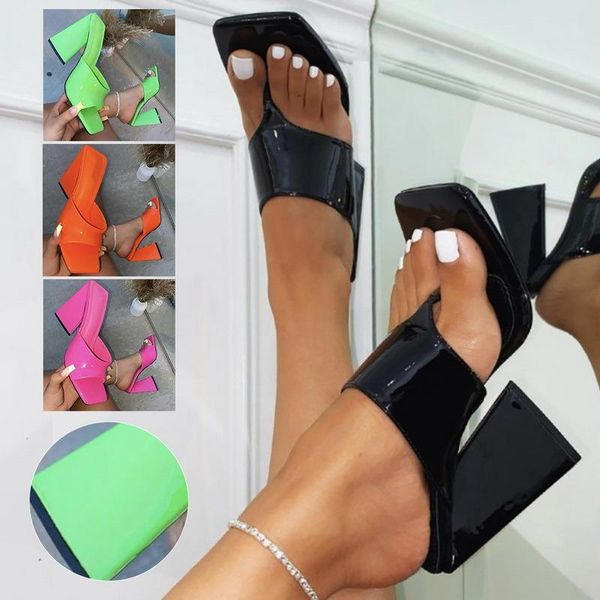 

sandals 2021 fashion design triangle high heels women slippers summer elegant square toe thick soled ladies shoes, Black