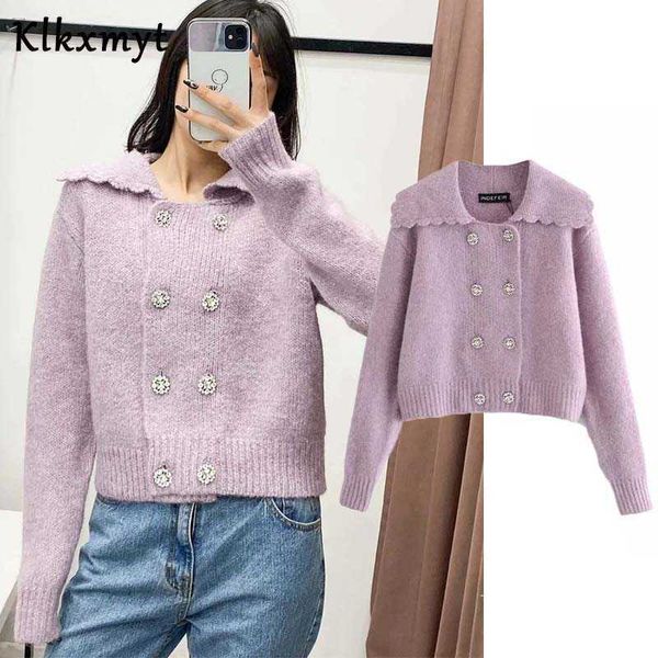 

klkxmyt za women fashion double artificial gem button knitting cardigans sweater female chic long sleeve casual short 210527, White