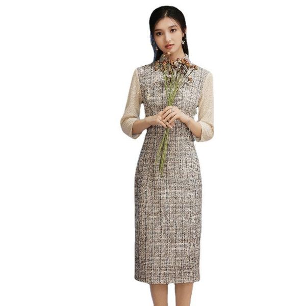 

ethnic clothing 2021 autumn winter stitching knitted mid-length qipao retro improved daily republican girl cheongsam chinese style dress, Red