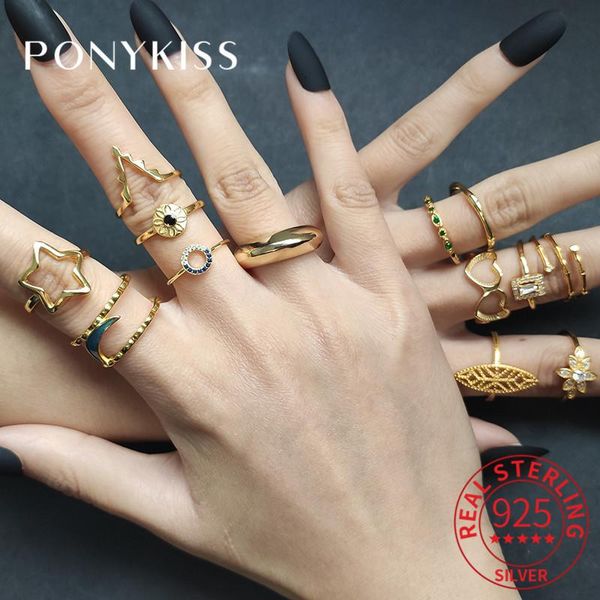 

cluster rings ponykiss trendy s925 sterling silver zircon adjustable geometry gold ring for women fine jewelry accessory party girls gift, Golden;silver