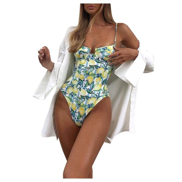 

women's swimwear bathing suits harajuku fashion low collar bikini lemon print one piece swimsuit beach wear female 2021, White;black