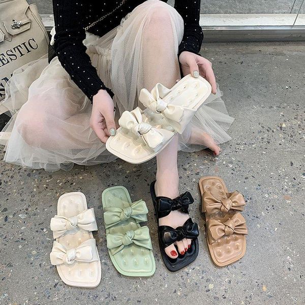 

slippers casual shoes woman 2021 low butterfly-knot pantofle shale female beach luxury soft sabot concise fas, Black
