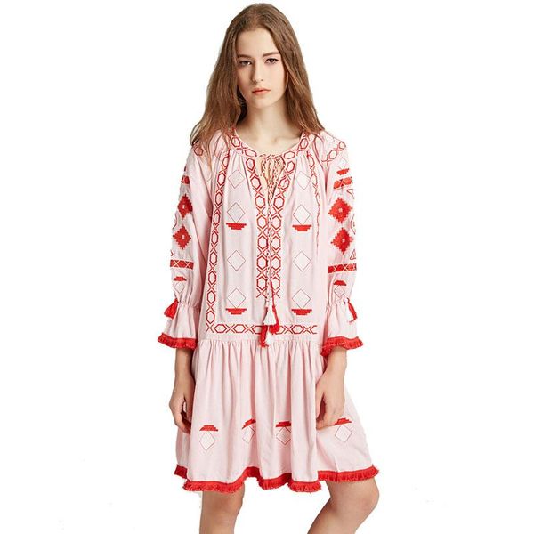 

casual dresses 2021 spring maxi boho pink dress women long sleeves beach embroidery loose hippie style chic ethnic holiday vestidos, Black;gray