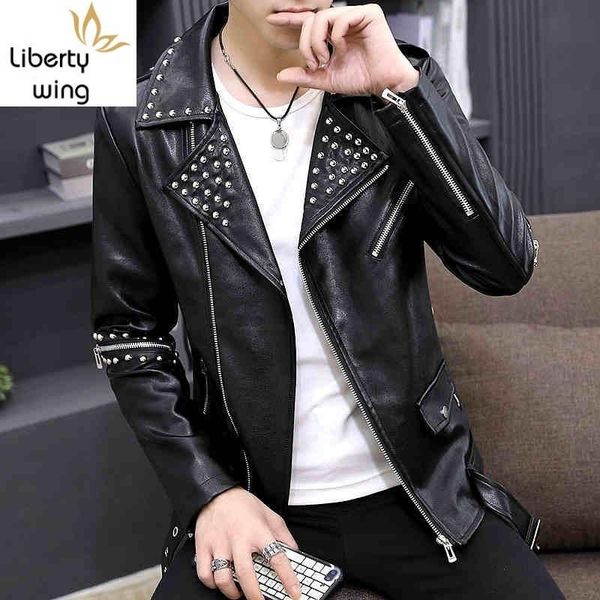 

men's fur & faux personality men rivet fashion punk zipper motorcycle coat teenager nightclub casual pu leather lapel slim jacket, Black