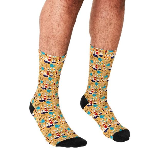 

men's socks 2021 funny boat at sea yellow pattern printed hip hop men happy cute boys street style crazy for, Black