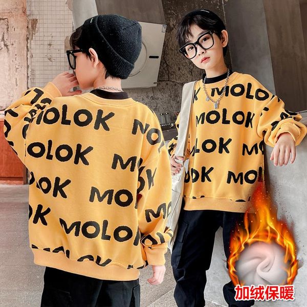 

hoodies & sweatshirts autumn winter kids plus velvet sweatshirt boys letter print o-neck clothes teenage thick warm children blue 4 6 8, Black