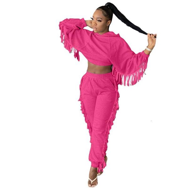 

women's tracksuits fashion tassel tracksuit two piece set women outfits hoodies crop and pants suits autumn winter solid color loungew, Gray