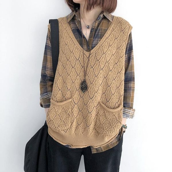 

women's sweaters retro argyle plaid sweater women vest hollow out pockets sleeveless solid color casual office lady wild autumn spring, White;black