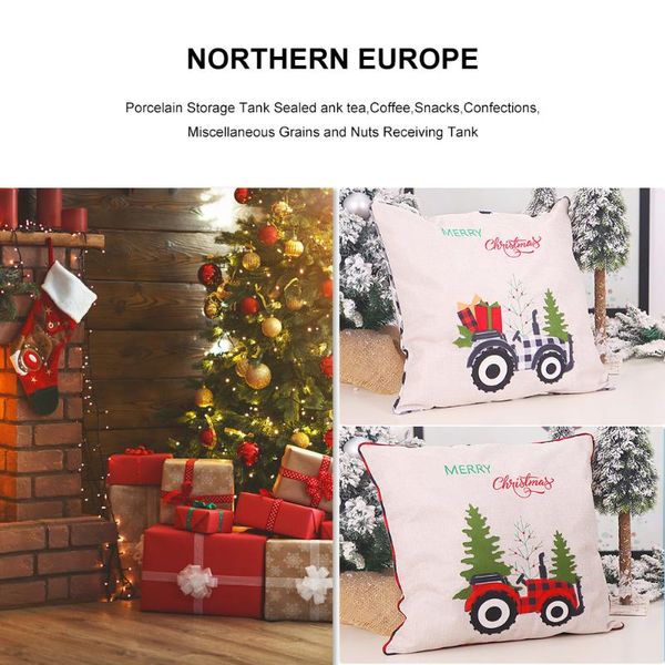 

pillow case linen plaid cartoon tractor printed christmas cushion cover