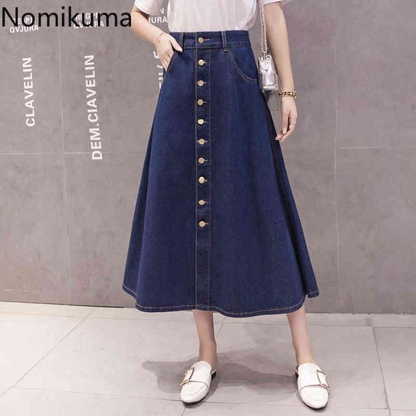 Nomikuma plus size 3xl denim saia mulheres cor sólida Único breasted cintura alta saias de uma linha coreana estilo faldas mujer 3c685 210514