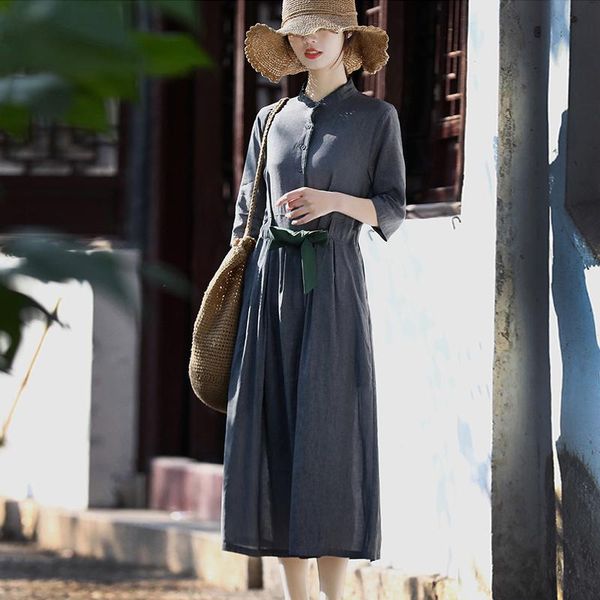

casual dresses qpfjqd ladies yarn dyed cotton linen stand collar summer fall women loose pocket button belt dress three quarter sleeve, Black;gray