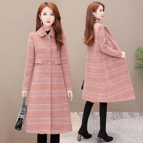 

women's wool & blends plaid winter coat women thick warm pink yellow casual long turn-down collar loose soft 2022 y909, Black