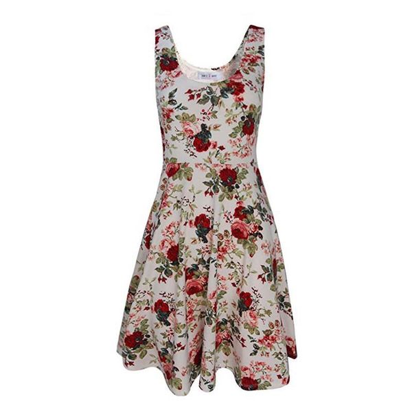 

casual dresses women summer wine vintage floral print o-neck sleeveless spaghetti strap a-line beach midi, Black;gray