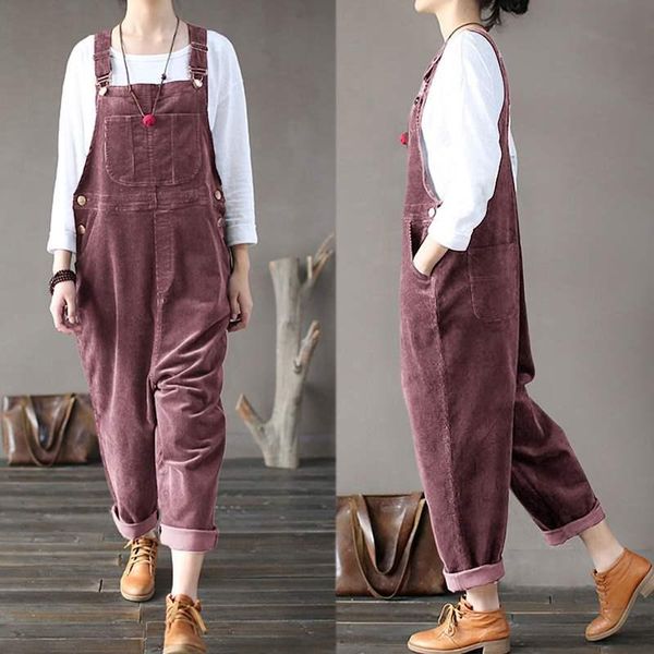 

women's jumpsuits & rompers plus size women corduroy 2021 autumn harem pants button overalls casual long pantalon palazzo female playsu, Black;white