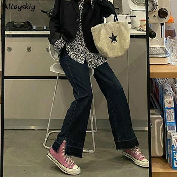 

jeans women oversized autumn side slit boyfriend jean for lady trendy high waist baggy denim trousers pockets casual straight bf women', Blue