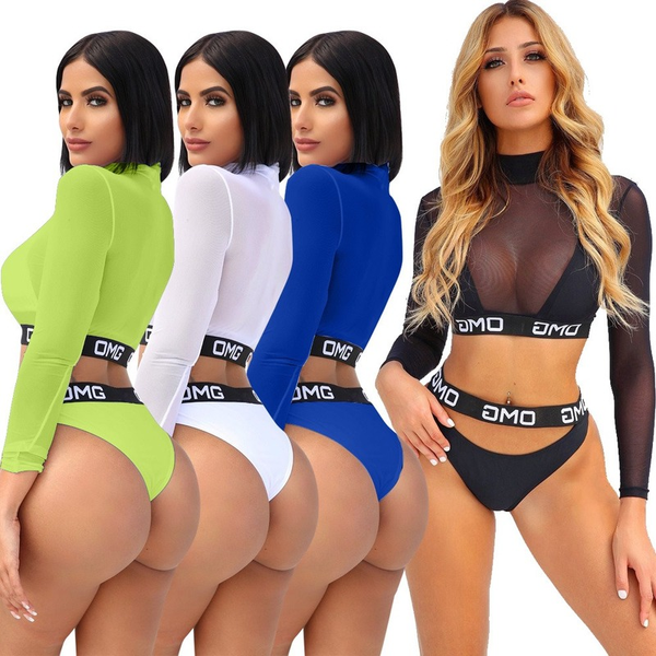 

women brazilian bikini 2021 long sleeve swimwear letter edge padded bra beach swimsuit bathing bikinis set women beachwear, White;black