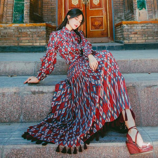 

vintage geometric rhombus pattern print women's sets chiffon long sleeve bow shirts + maxi tassels skirt women two piece set dress, White