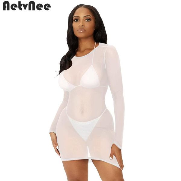 

casual dresses aetvnee solid bodycon mini dress women mesh see through vestidos fall full sleeve stretchy skinny party night club, Black;gray