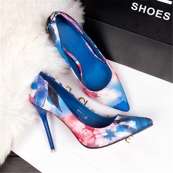 

2021 New Summer Fashion Womens Pumps Sexy Colour PRINT STILETTO SHOES Ladies Party Pointed End Shallow Pumps Size 34-39, Blue