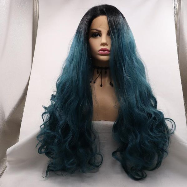 

synthetic wigs venvee lace front wig body wave blue color 28inch transparent frontal with pre-plucked, Black