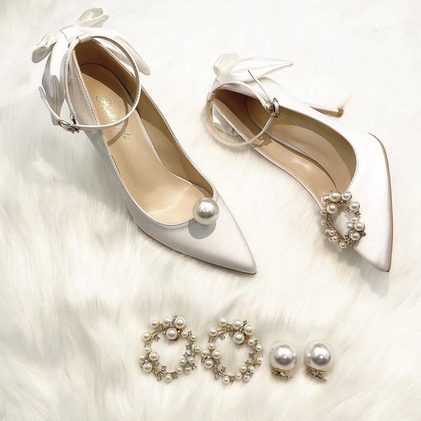 

dress shoes spring pointed white pearl buckle bow stiletto high-heeled silk bridal wedding banquet all-match women's, Black