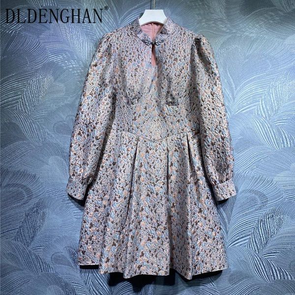 

casual dresses dldenghan fashion designer autumn jacquard dress women stand collar long sleeve crystal button vintage mini, Black;gray