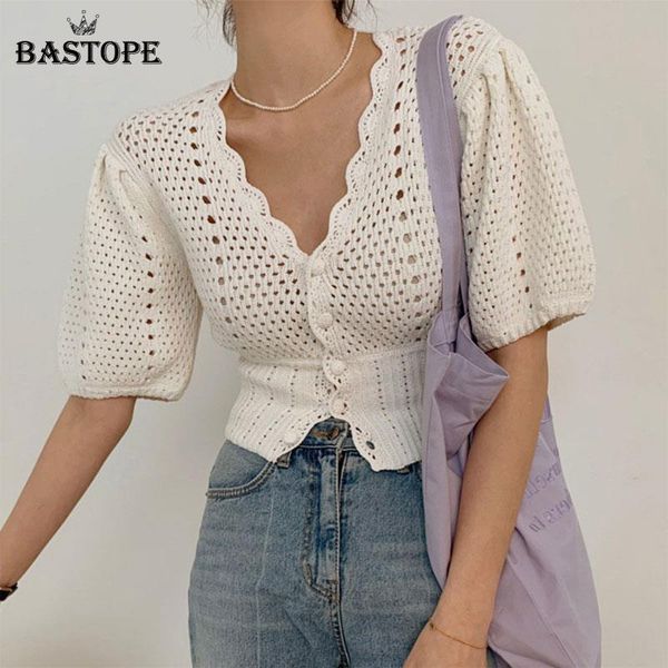 

women's knits & tees bas hollow out knit crop puff sleeve crochet cardigan knitwear sweater women elegant v-neck slim 2021 summ, White