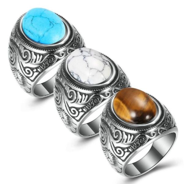 

wedding rings vintage wholesale retro jewelry titanium steel inlaid natural stone ring men domineering, Slivery;golden