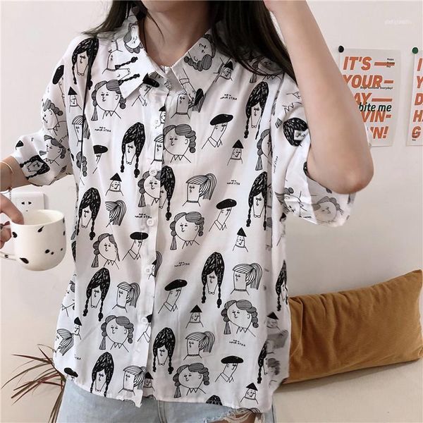 

women's blouses & shirts summer creative cartoon graffitir print short sleeve shirt women streetwear vintage harajuku design white fem