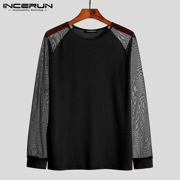 

men's t-shirts men t shirt mesh patchwork o neck long sleeve streetwear casual tee 2021 fashion party nightclub camisetas 5xl ince, White;black