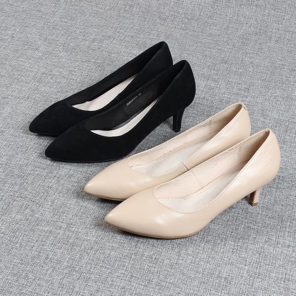 

sheepskin shoes slip on shallow mouth genuine leather retro pumps work dress professional sweet high heels stiletto sandals ladi, Black