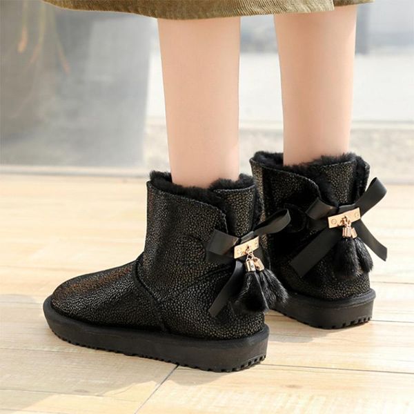 

australia ladies snow boots 100% genuine cowhide leather ankle warm winter shoes size 34-43, Black