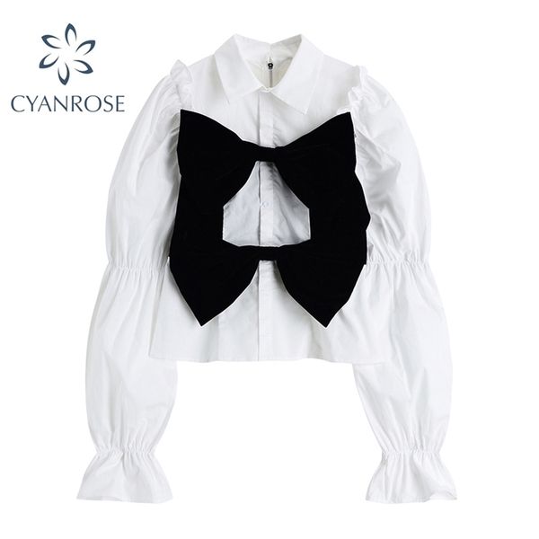 

vintage crop blouses and shirts for women spliced bownot design puff long sleeve zipper elegant korean party fashion blusas 210515, White