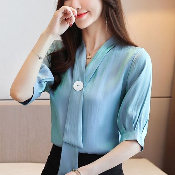 

chiffon shirt summer women blouse half sleeve v-neck korean style bow loose solid clothes shirts 997e 210420, White