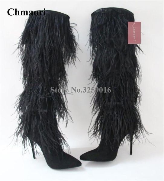 

boots pointed toe long fur over knee design women fashion black blue white tassels high heel dress shoes