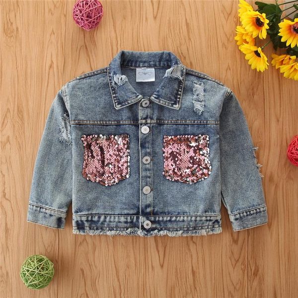 

jackets baby girls jeans denim coats sequins glitter shiny turndown collar fall clothes toddler kids fashion ripped 1 to 6 yrs, Blue;gray