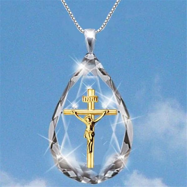 

pendant necklaces 2021 transparent crystal cross jesus christian religion necklace for woman man special festival jewelry, Silver