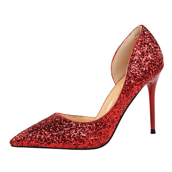 

autumn side hollow sequined shoes 9.5cm high heels women pumps leisure fashion pointed wedding dress, Black
