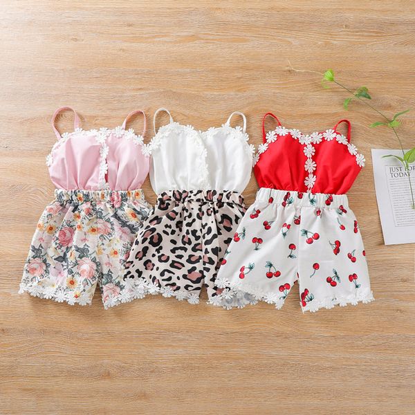 

baby girl jumpsuit toddler suspender onesie backless sling romper lace leopard flower cherry print infant outfit v neck kid clothes summer c, Blue