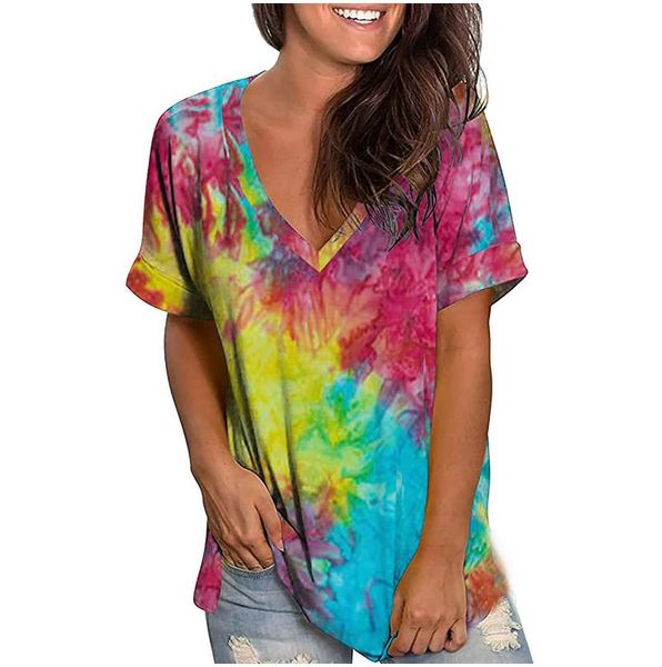 

women's blouses & shirts summer tunic for ladies et chemises fashion loose tie-dye printed v-neck short-sleeved shirt clothes, White