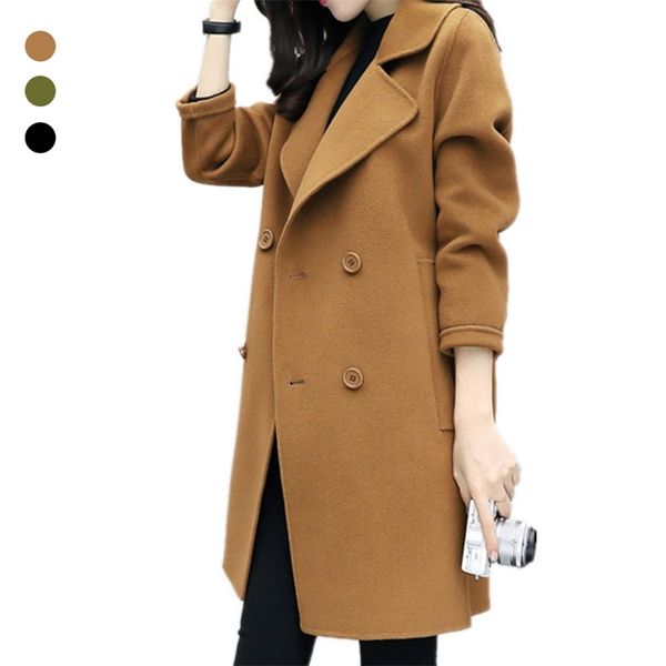 

autumn winter women casual coats turn-down collar warm long sleeve slim lapel cardigan outwear black double breasted coat 211110