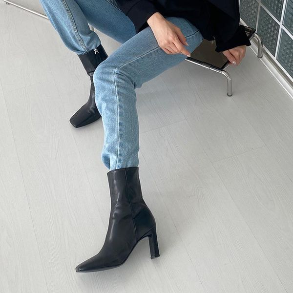 

boots winter women leather high heels square toe women's ankle night club shoes woman white orange gray black size 33-42