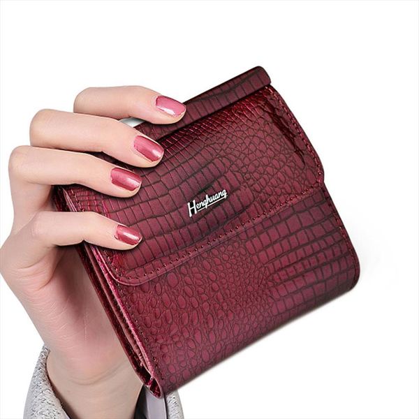 

hh genuine leather womens wallet mini wallets women short clutch female purse card holder ladys coin purses, Red;black
